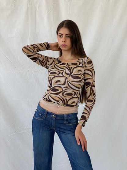 Vintage Y2K Groovy Print Full Sleeve Mesh Top - S