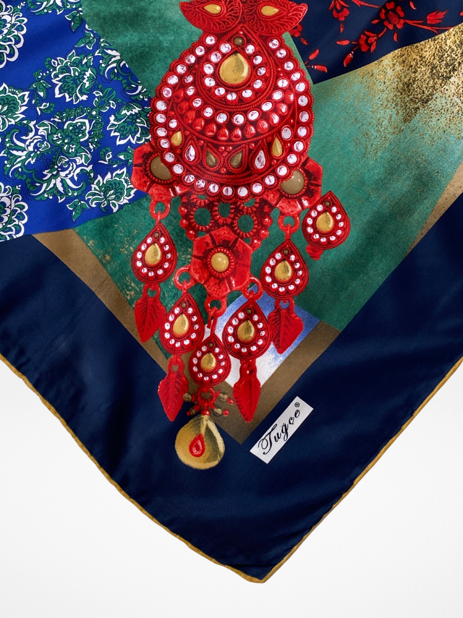 Vintage Tugee Patchwork Print Satin Navy Boho Square Scarf