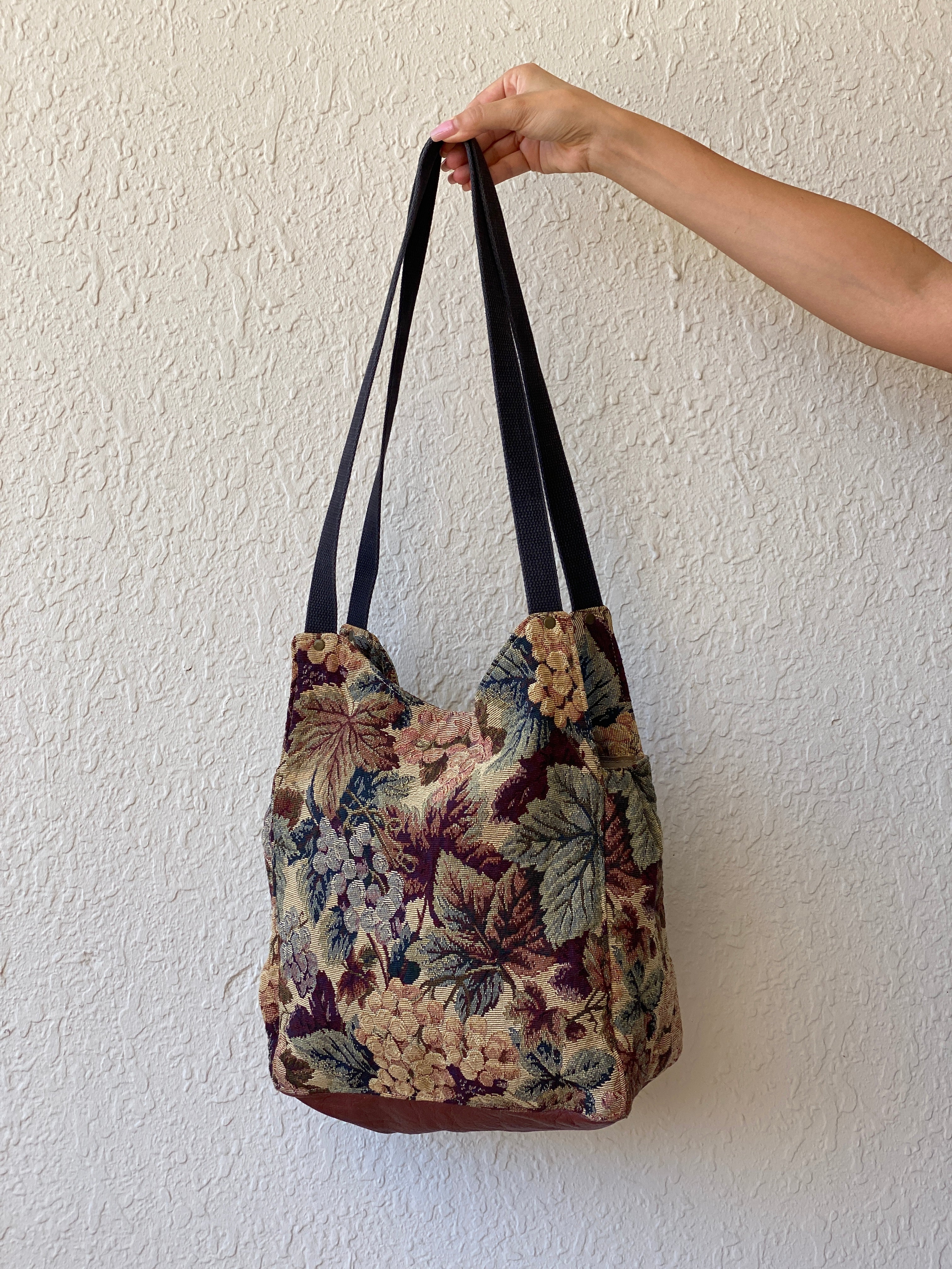 Vintage Floral Tapestry Tote Bag Earth Tone Bucket Bag