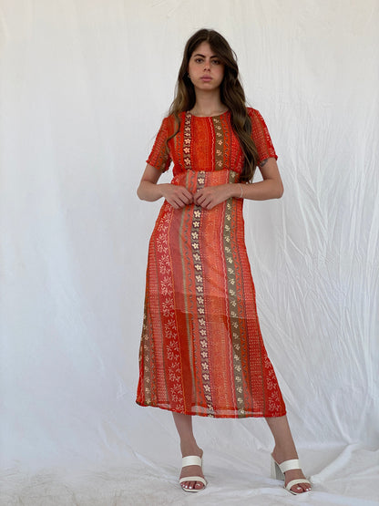 Vintage Kitty-K Orange Sheer Boho Print Midi Dress - M