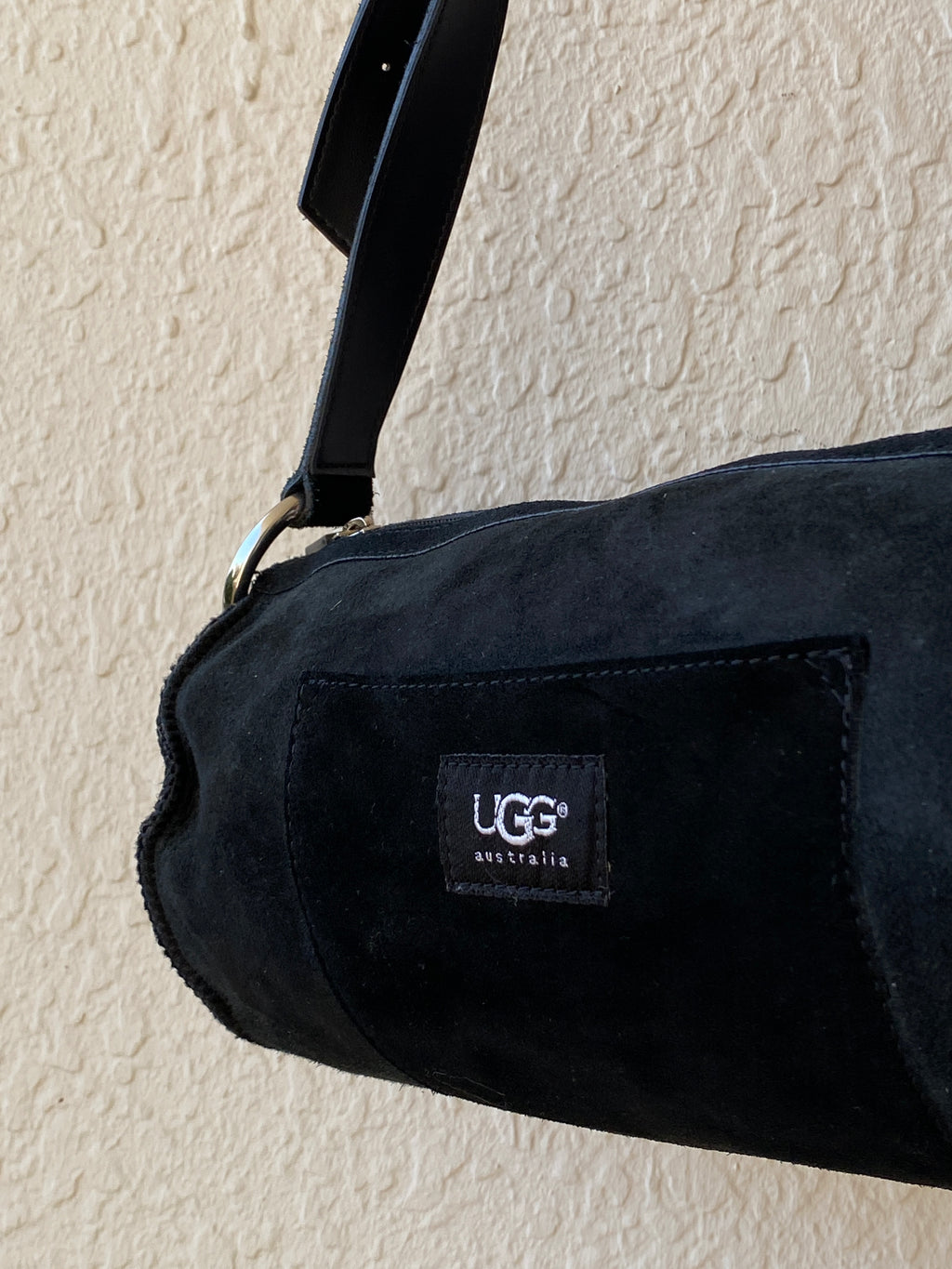 UGG Australia Black Suede Barrel Shoulder Bag Shearling Fur Lined Purse