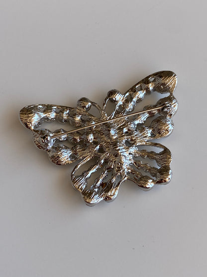 Statement Vintage Silver-Tone Clear Rhinestone Butterfly Brooch