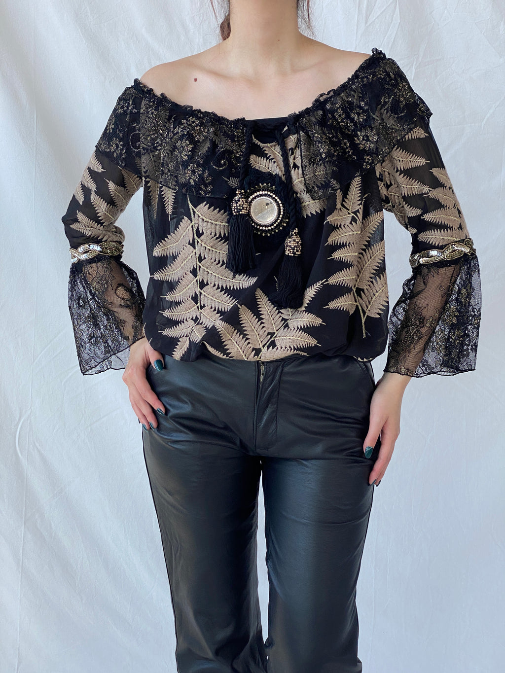 Laurie And Joe Bohemian Black Sheer and Lace Embroidered Off Shoulders Top - M