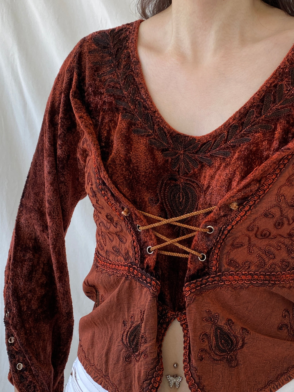 Vintage Y2K BÃRES Witchy Corset Blouse Velvet Full Sleeve Vampy Top - M