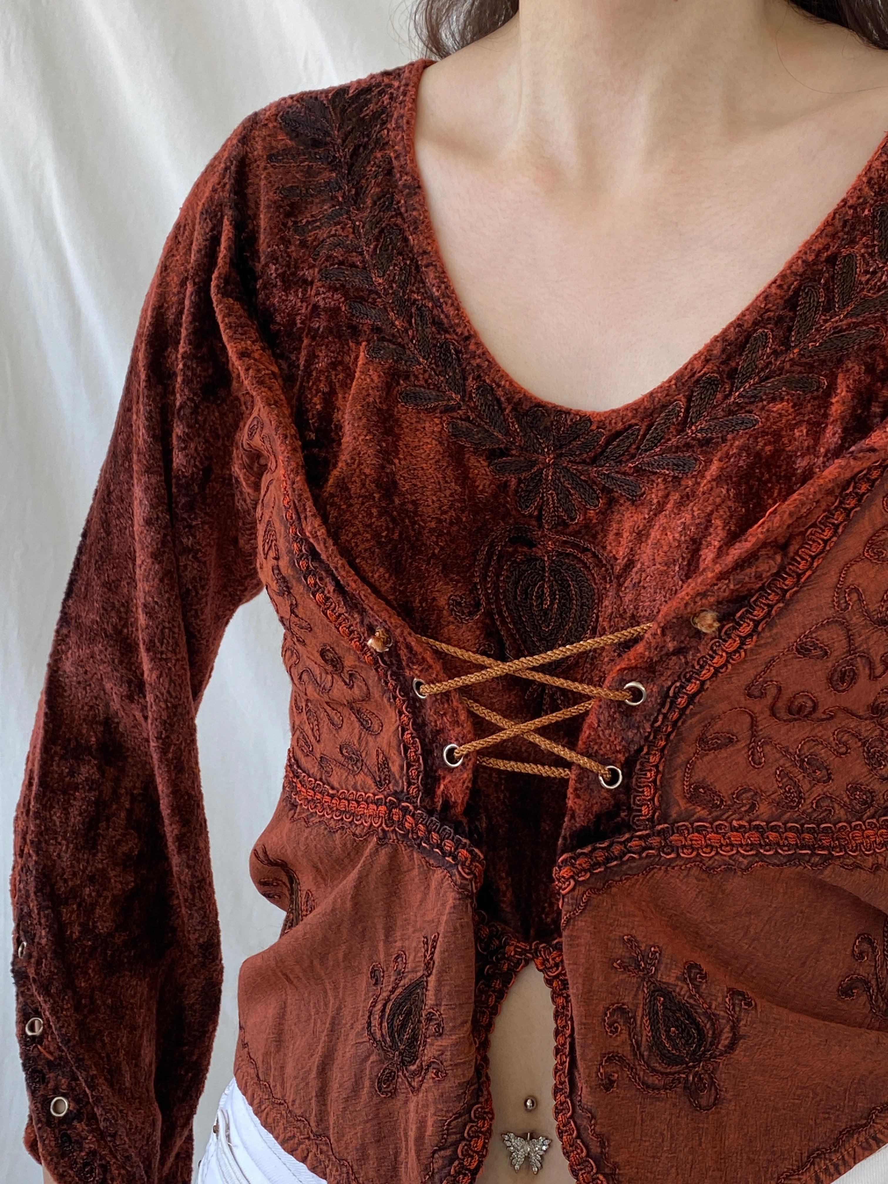 Vintage Y2K BÃRES Witchy Corset Blouse Velvet Full Sleeve Vampy Top - M