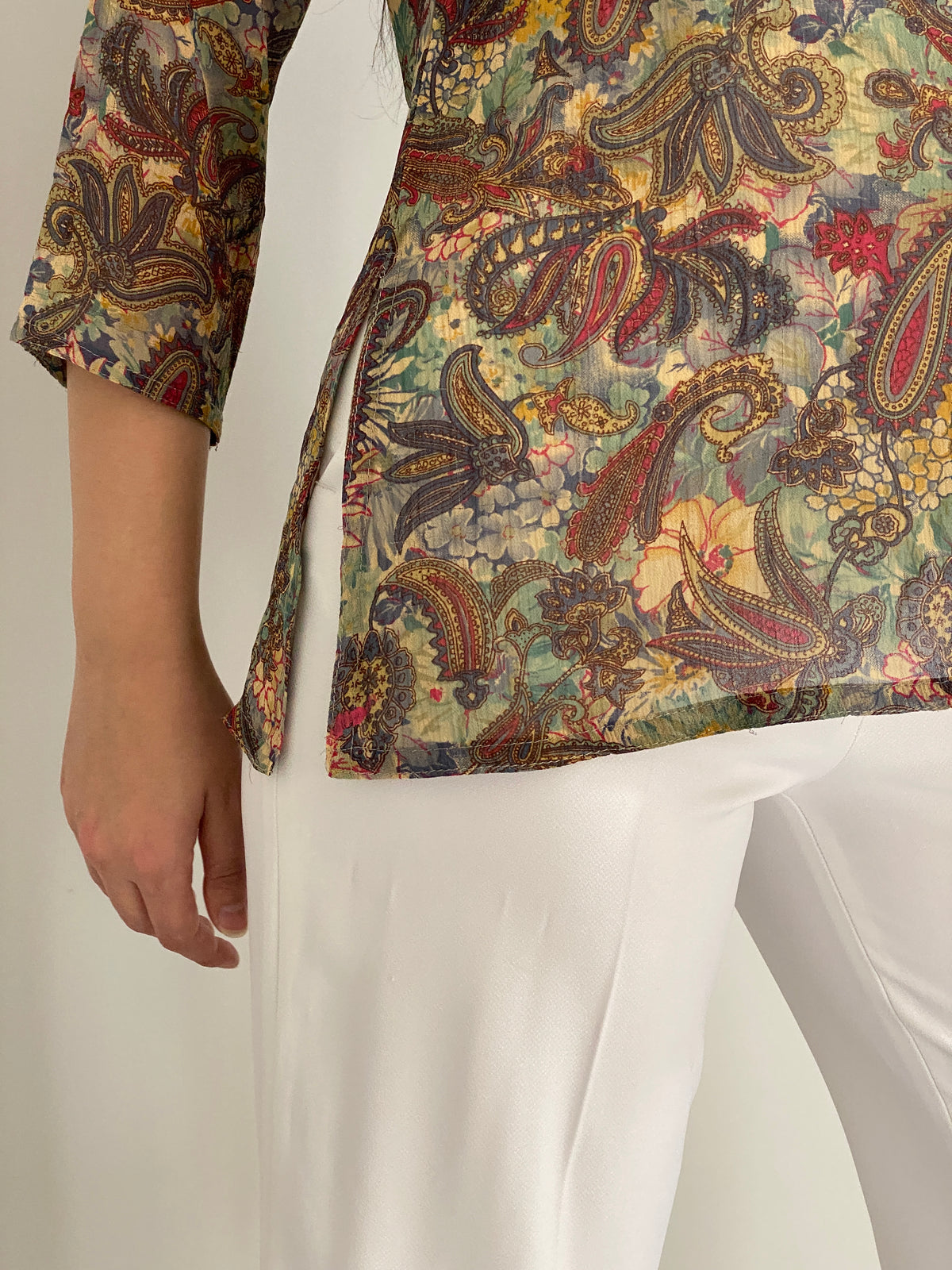Vintage Y2K Makon Multicolor Paisley Embroidered Sheer Tunic Blouse - L