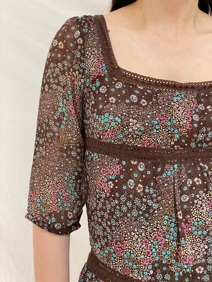 Vintage Y2K Pimkie Brown Floral Babydoll Mini Dress Sheer Cottagecore Boho Dress - M