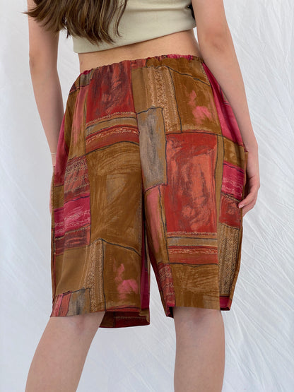 Vintage Boho-Style Handmade Red and Brown Knee Length Shorts - S