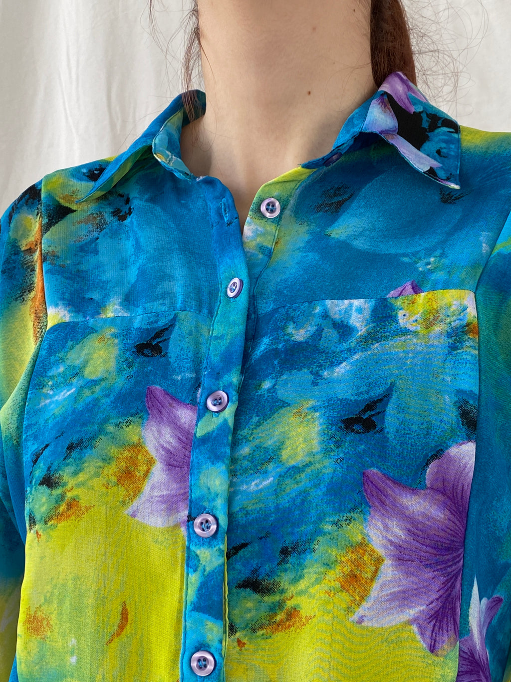 Vintage 90s Follow Me Floral Blue Puff Sleeve Elastic Waist Blouse - M