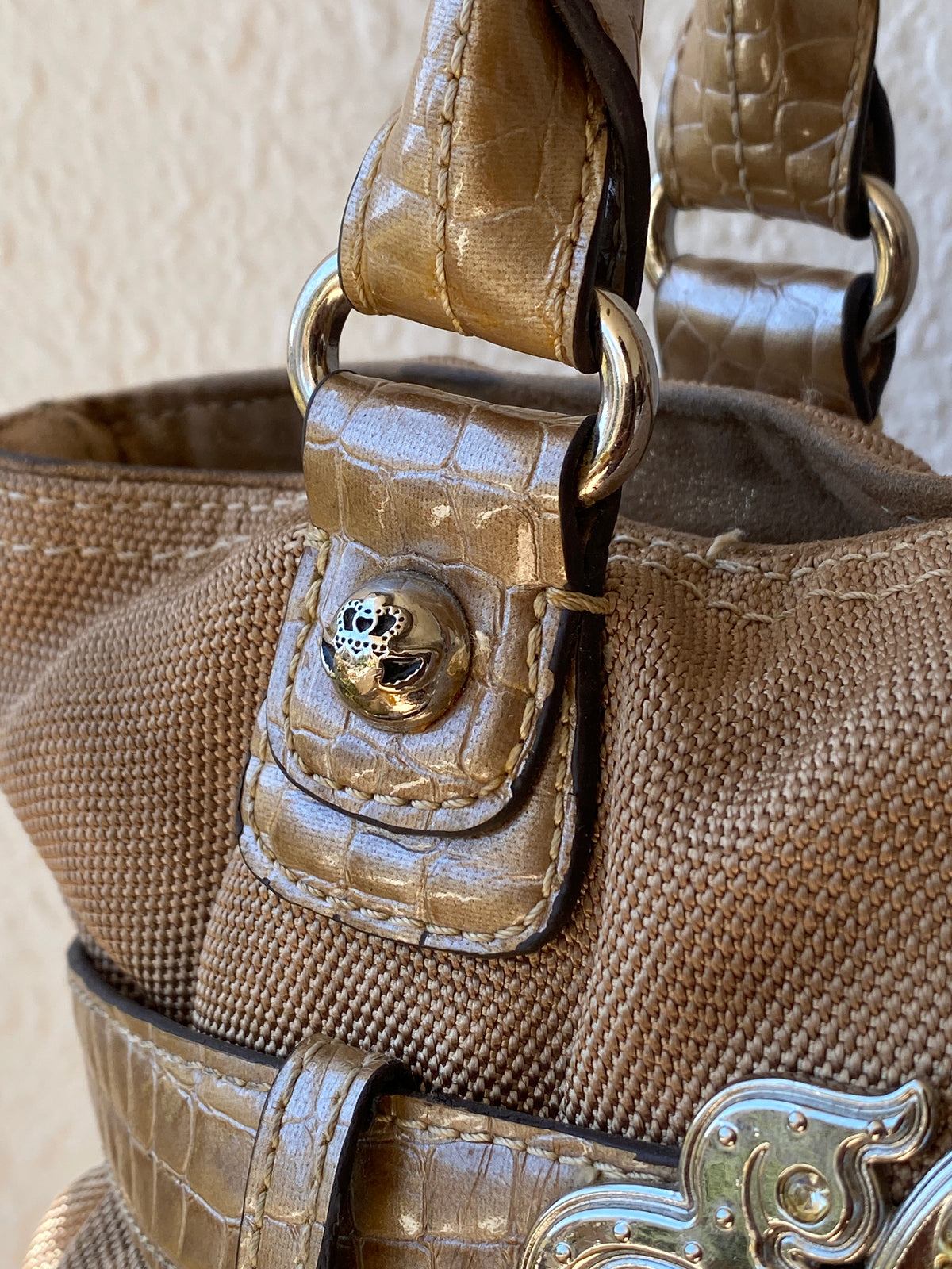 Vintage Y2K Kathy Van Zeeland Tan Canvas & Faux Croc Shoulder Tote Bag Vintage Y2K Kathy Van Zeeland Tan Canvas & Faux Croc Shoulder Tote Bag