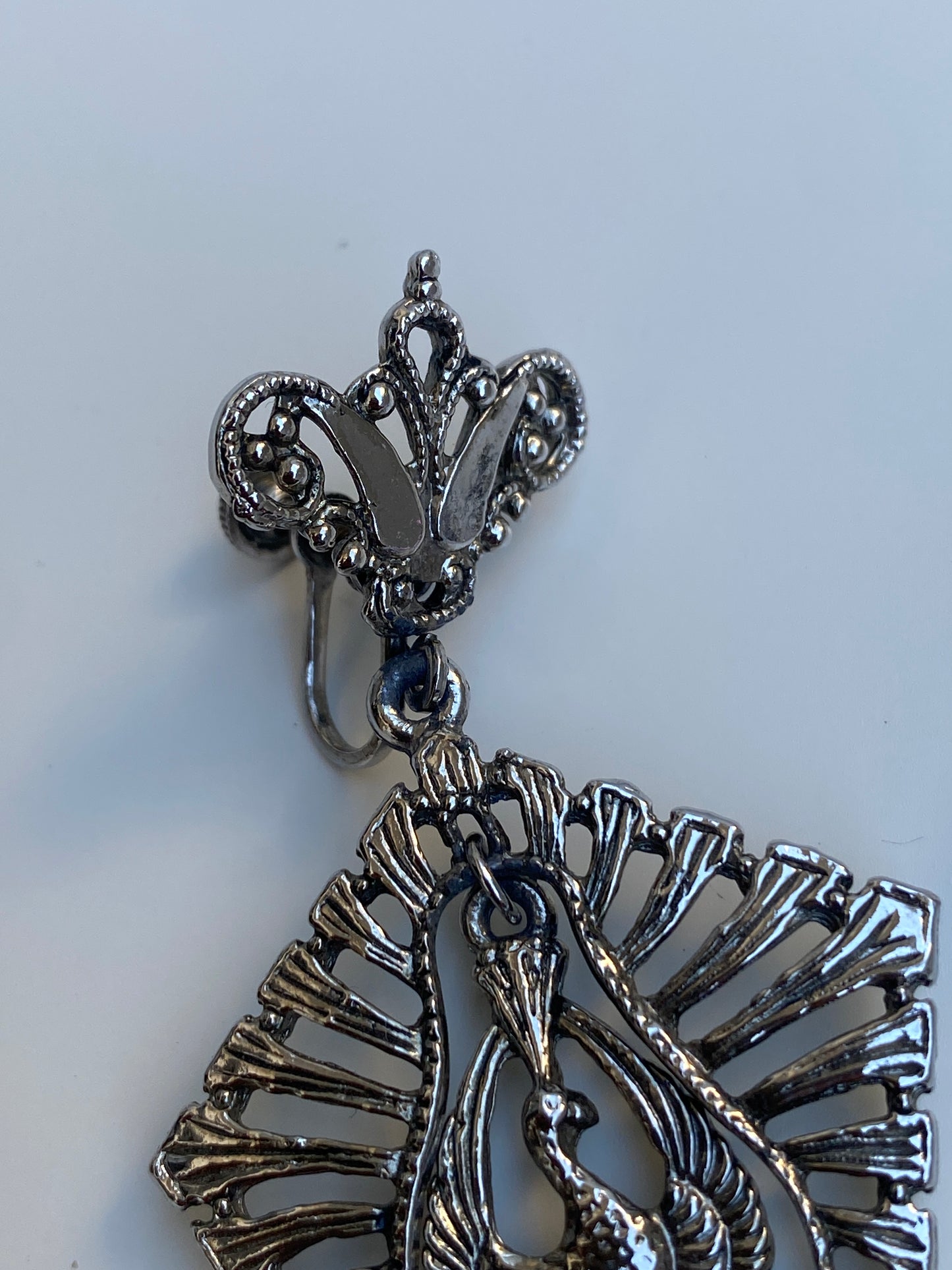 Vintage Silver-Tone Swan Screw-Back Dangle Earrings with Faux Pearls Mid-Century Statement Clip Earrings