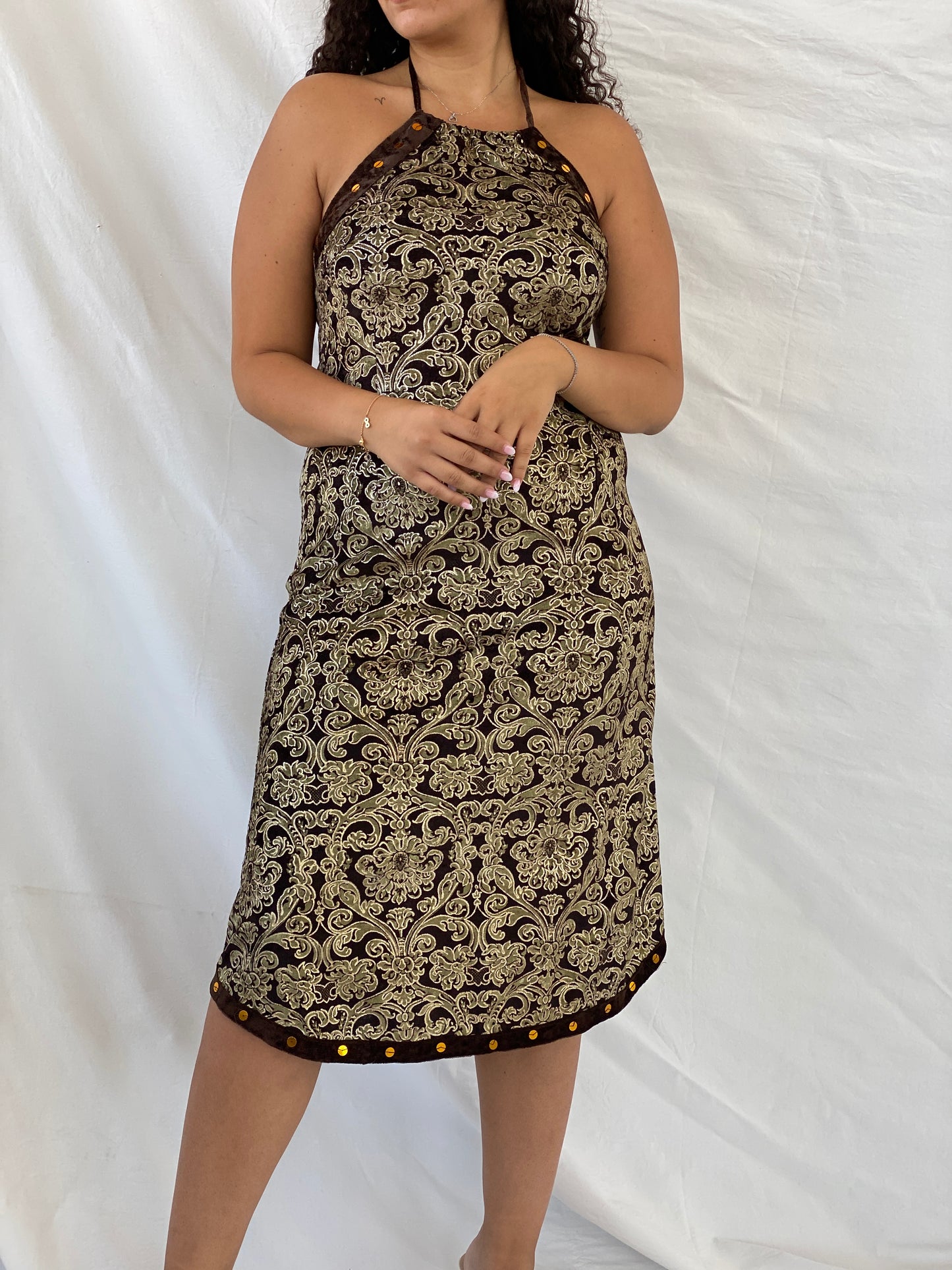 Vintage Nominal Brown & Gold Velvet Halter Midi Dress - M