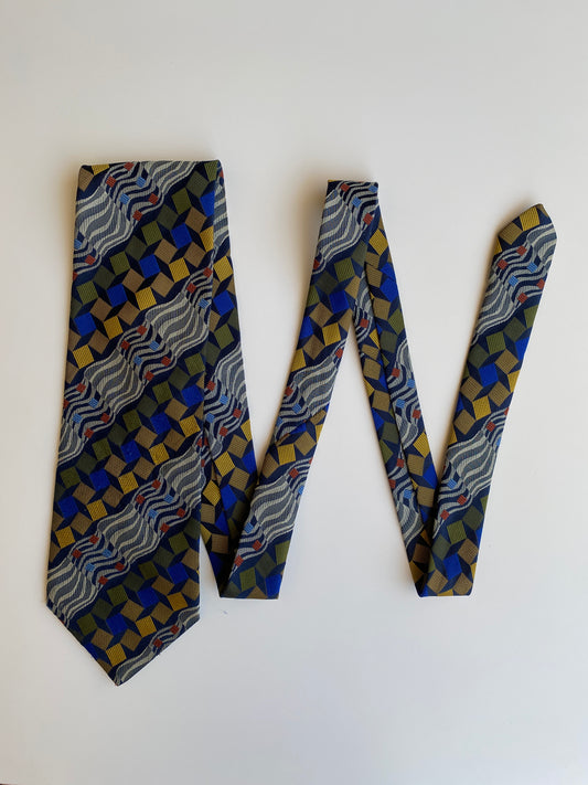 Vintage 1990s T Fashion Navy Multicolor Geometric Pattern Polyester Necktie
