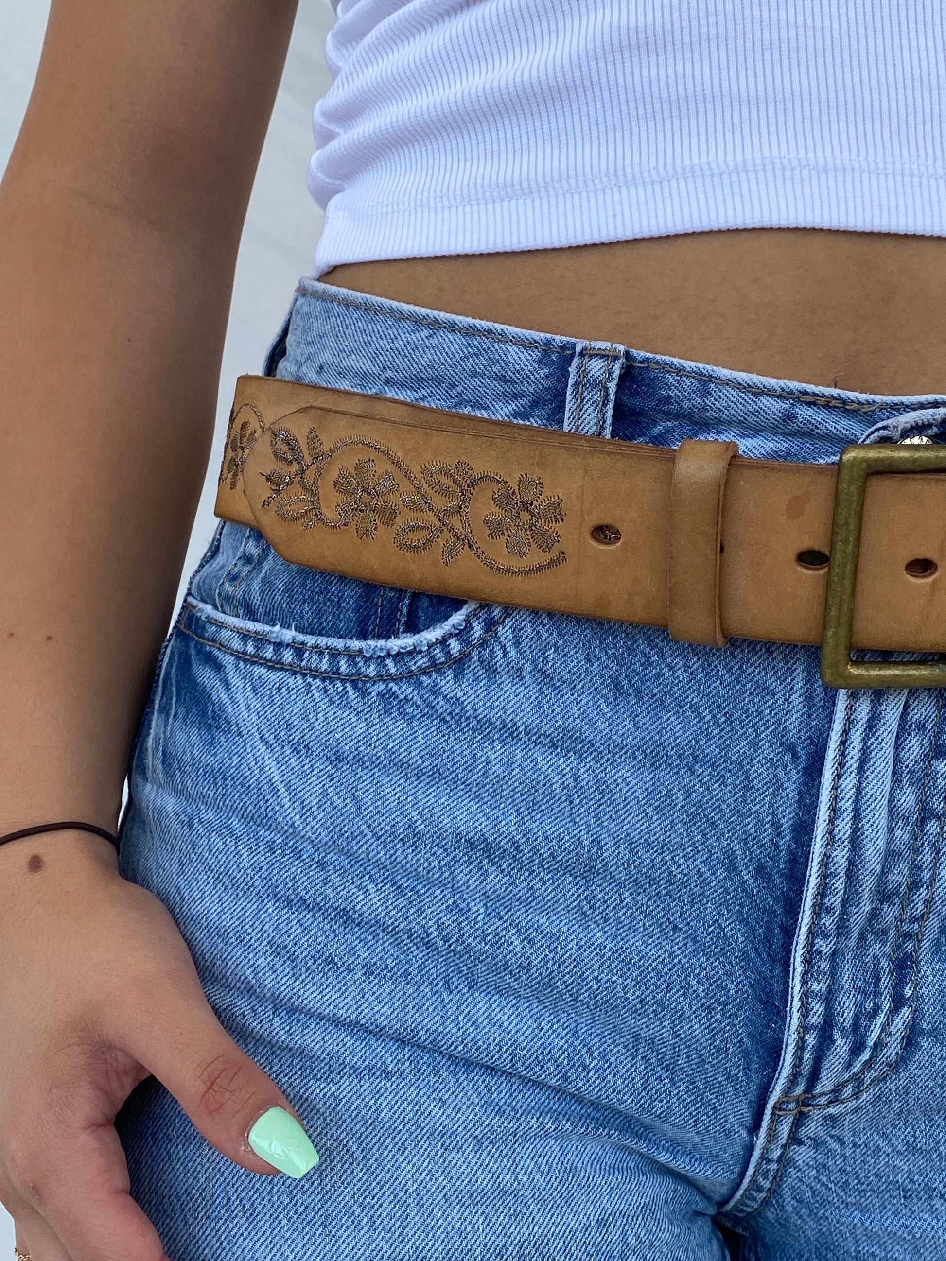 Vintage Western Style Cowboy Floral Embroidered Beige Belt - Balagan Vintage 80s, belt, cowboy, Lana, NEW IN