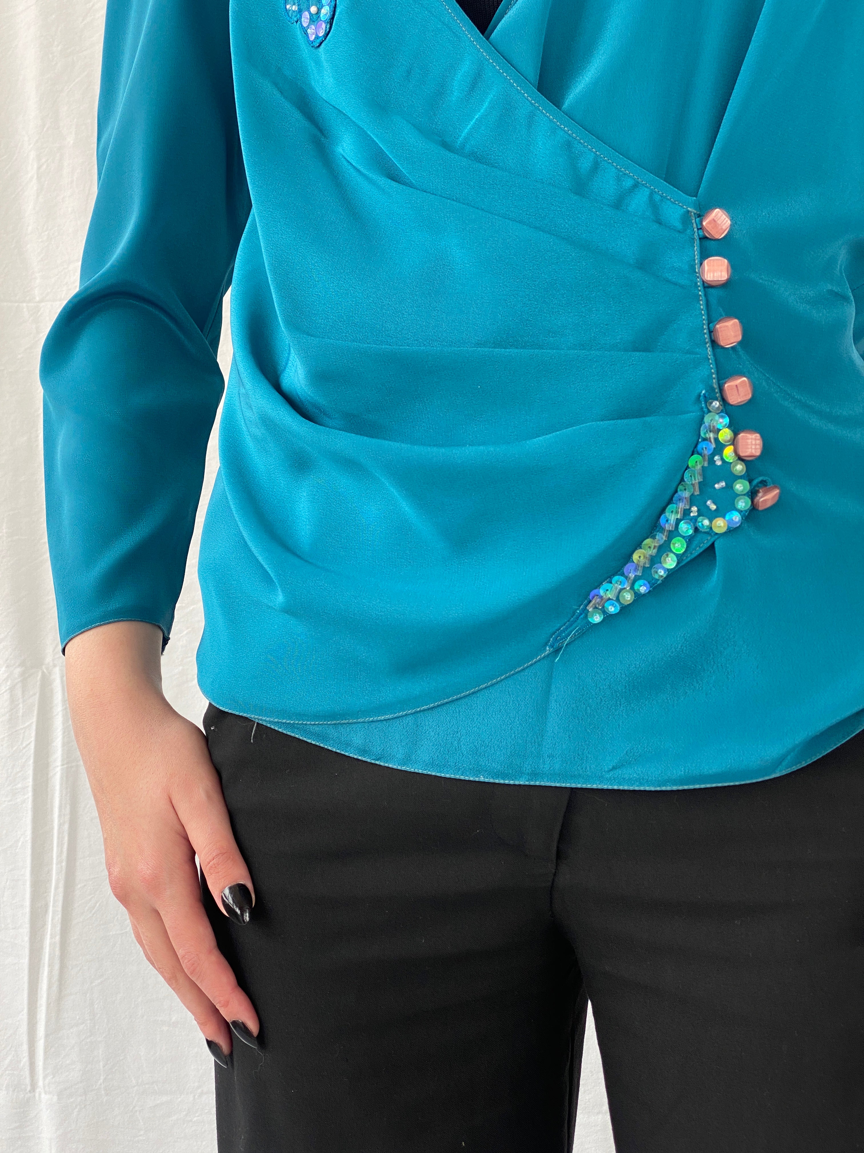 Vintage Handmade Turquoise Aqua Women’s Long Sleeve Sequin Party Wrap Blouse - M