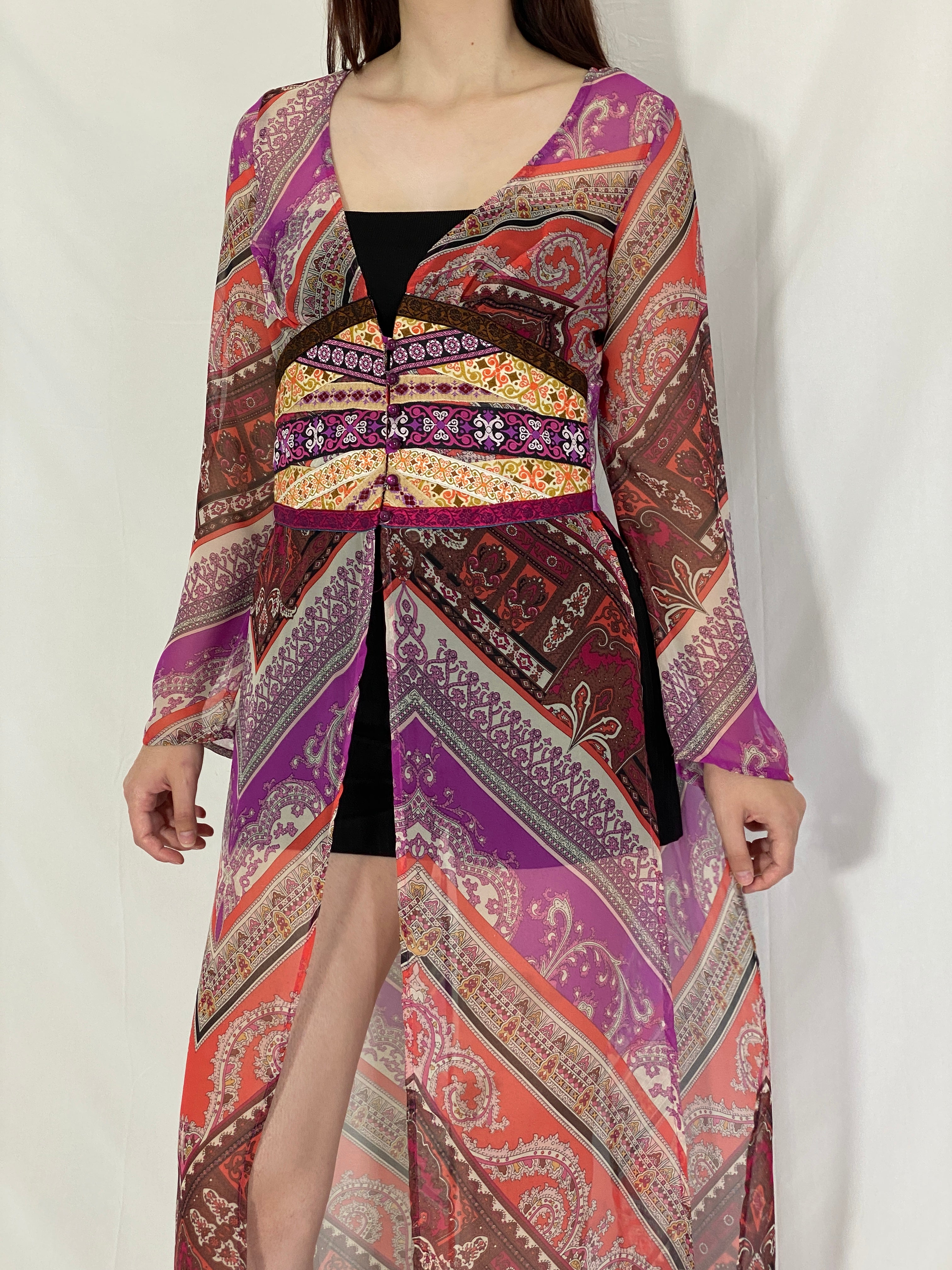 Vintage Mazzie Gold by Meghan Noland Boho Sheer Maxi Dress Top with Festival Print & Side Slits – M