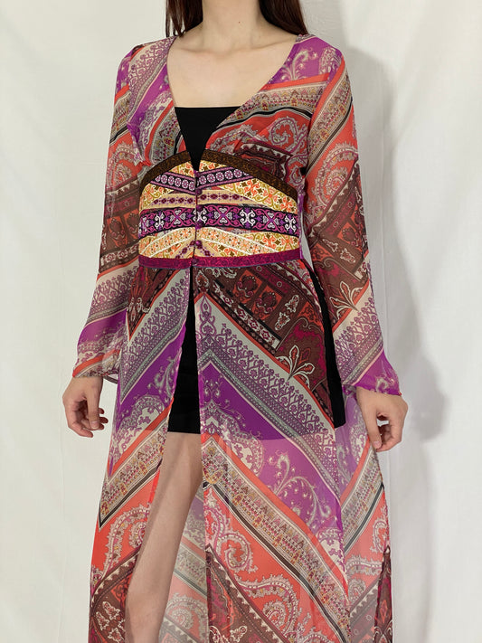 Vintage Mazzie Gold by Meghan Noland Boho Sheer Maxi Dress Top with Festival Print & Side Slits – M