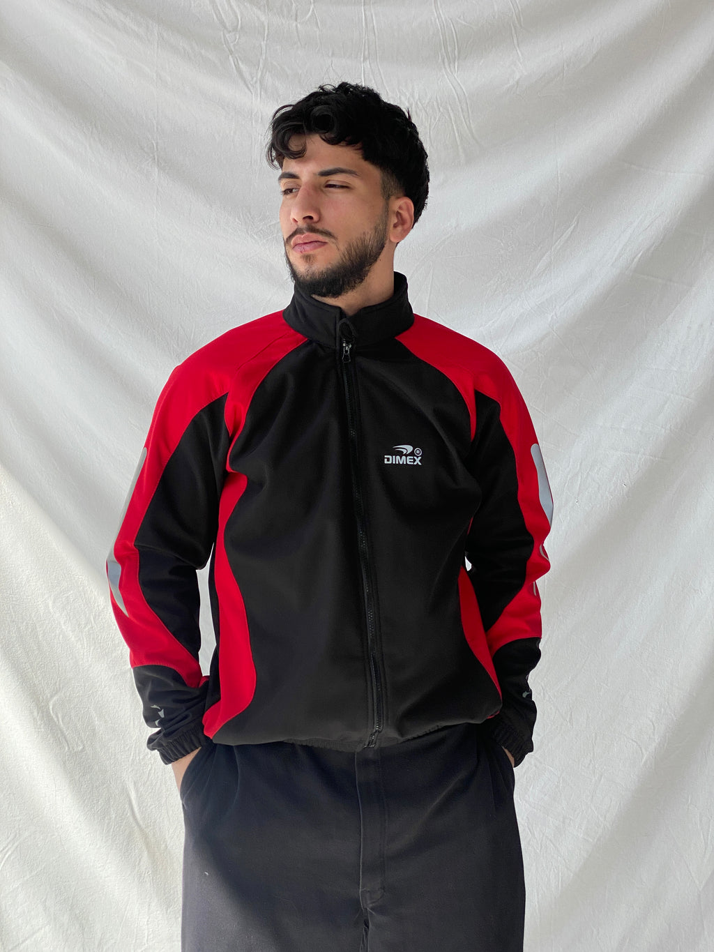 جاكيت ركوب الدراجات Dimex Colorblock Soft Shell للرجال بسحاب أحمر وأسود - مقاس كبير