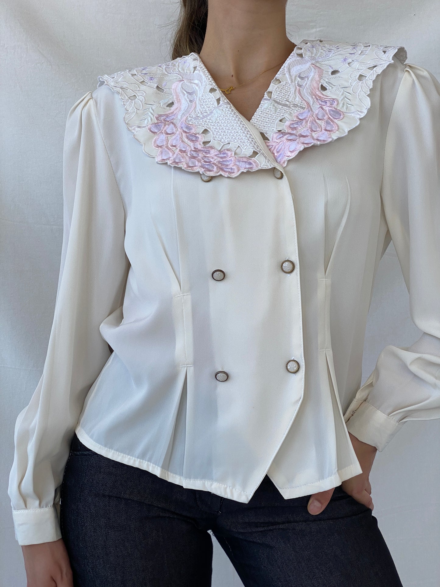 00s FIRAS Embroidered Oversized Collar Ivory Victorian Blouse - M