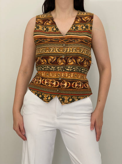 Vintage 90s White Stag Brown Baroque Equestrian Print Tailored Vest - M
