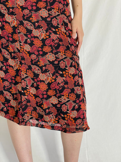 Vintage 90s Your 6th Sense Floral Red Black Paisley Boho Midi Skirt - L