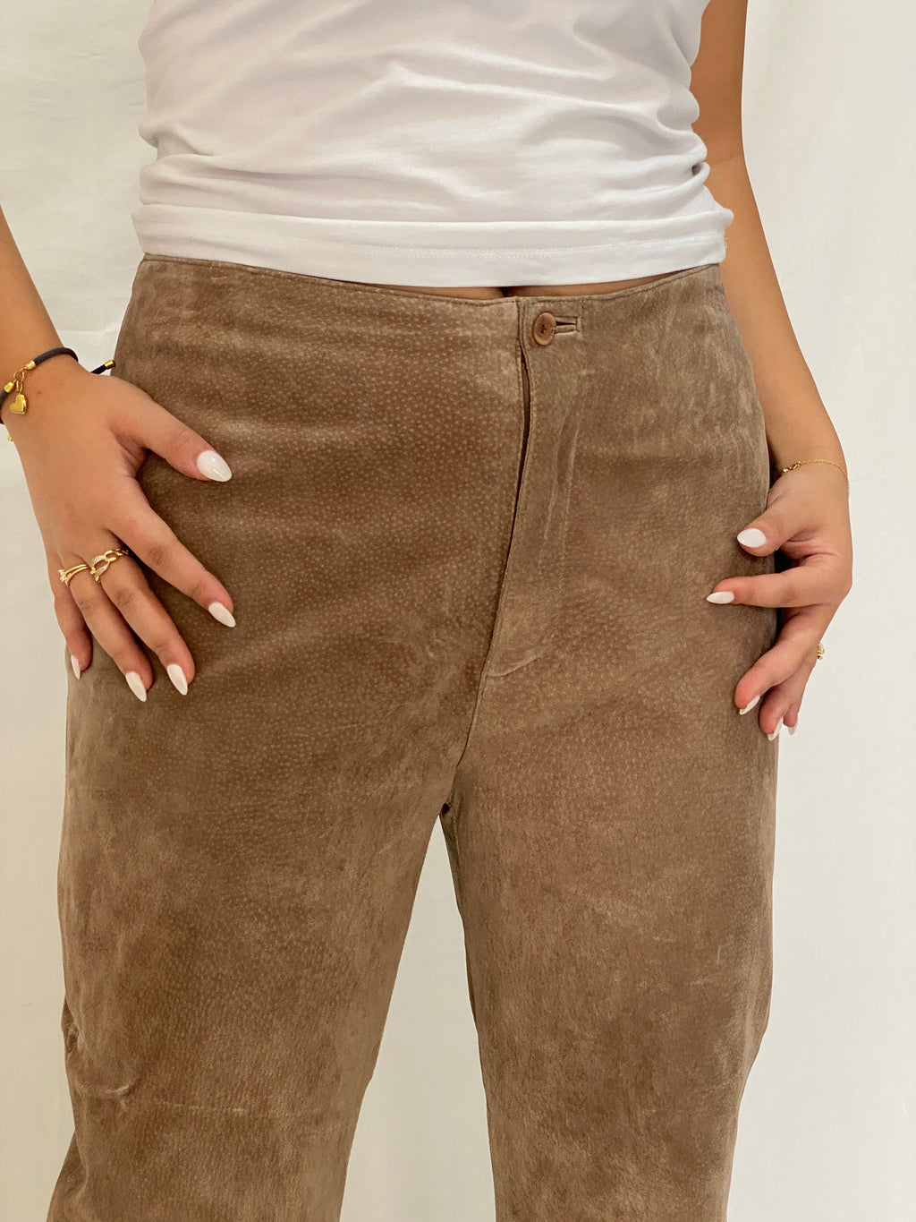 Vintage Live a Little Genuine Suede Pants Tan High-Waist Straight-Leg Trousers- L