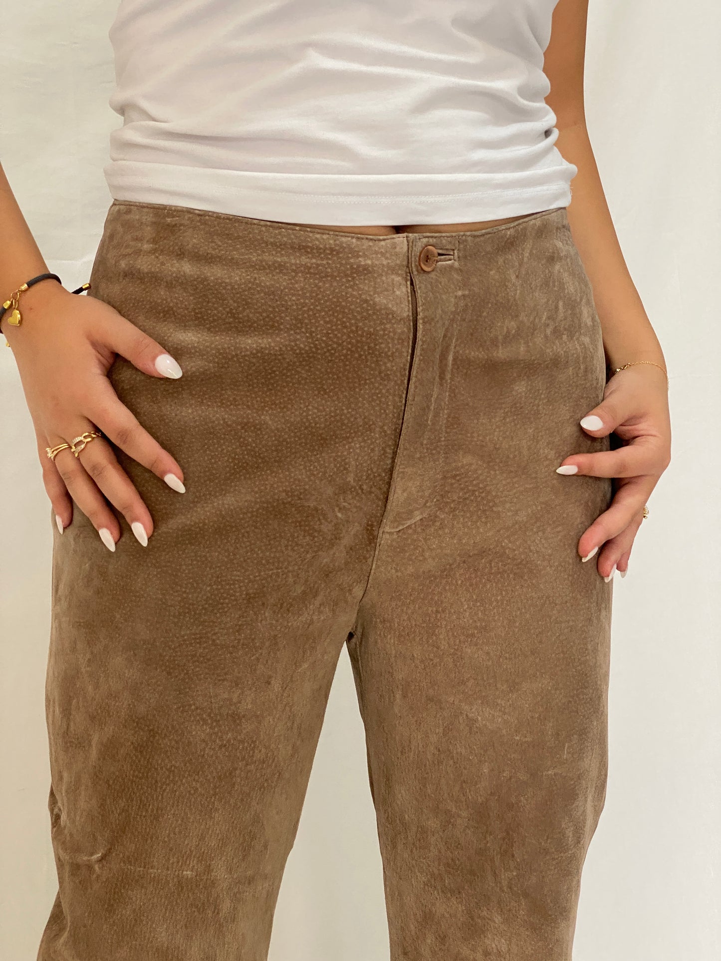 Vintage Live a Little Genuine Suede Pants Tan High-Waist Straight-Leg Trousers- L