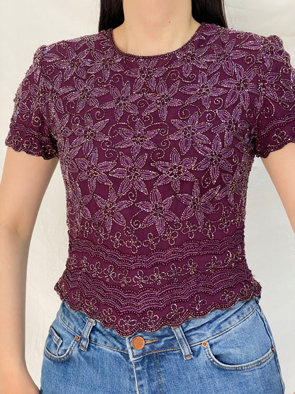 Vintage Adrianna Papell Beaded Silk Top Purple Floral Sequin Mesh Y2K Evening Party Top - S