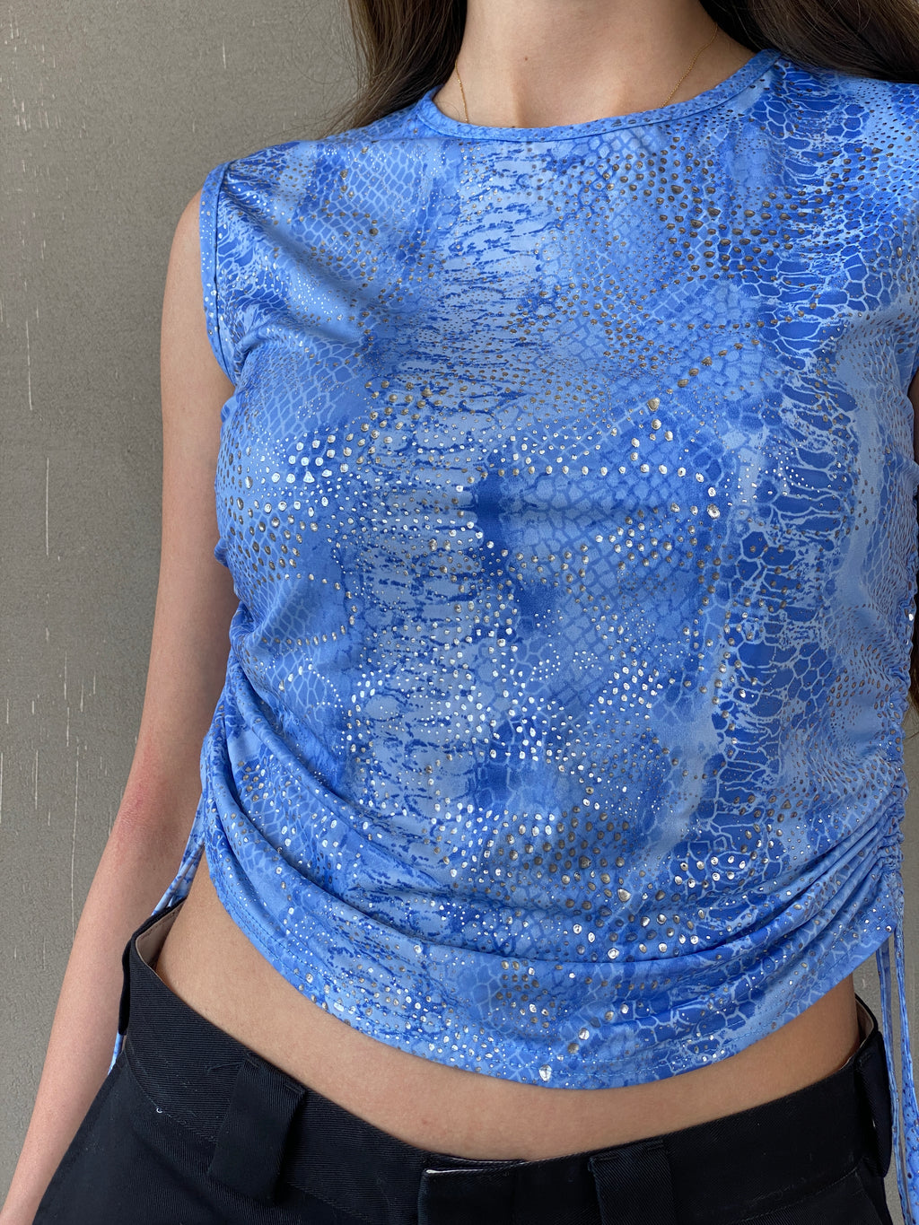 Y2K Festival Blue and Silver Ruched Sides Sleeveless Top - M