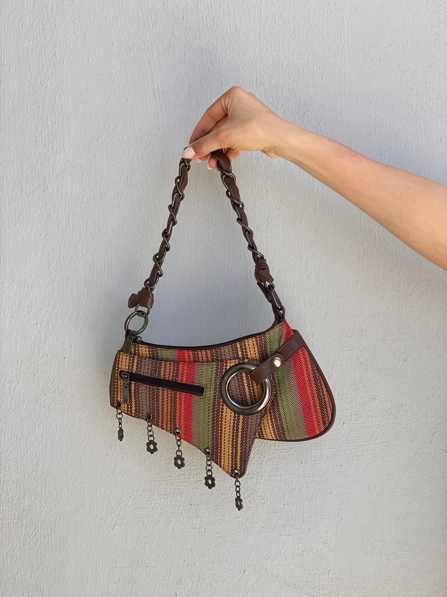 Vintage Y2K Multicolor Striped Mini Braided Chain Strap Shoulder Bag