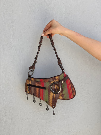 Vintage Y2K Multicolor Striped Mini Braided Chain Strap Shoulder Bag
