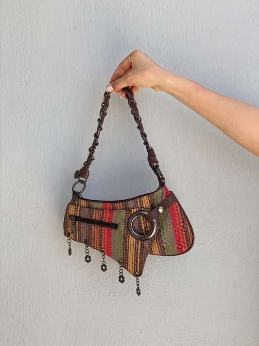 Vintage Y2K Multicolor Striped Mini Braided Chain Strap Shoulder Bag