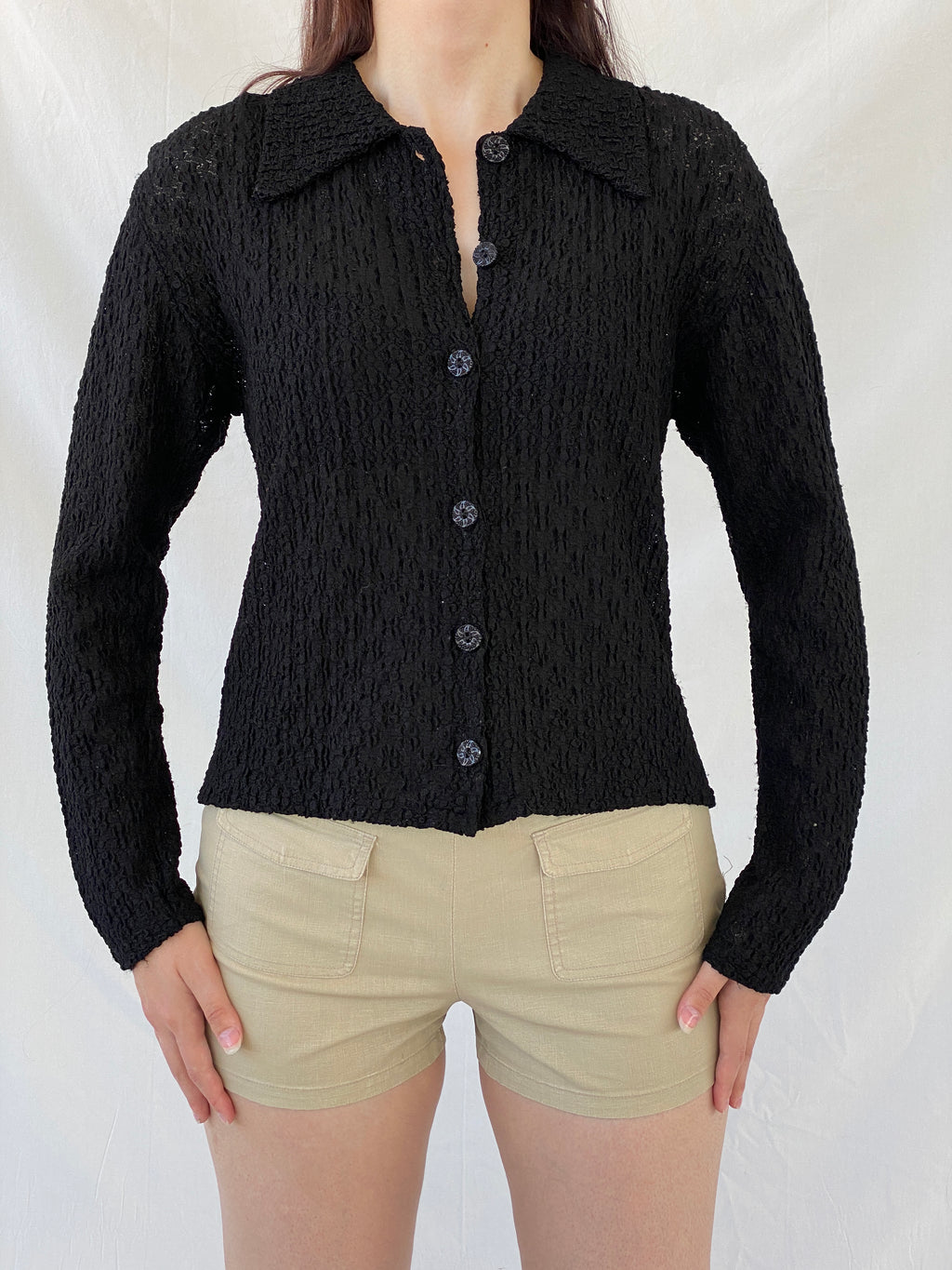 Vintage Black Crinkle Knit Cardigan Textured Long Sleeve Shirt - M