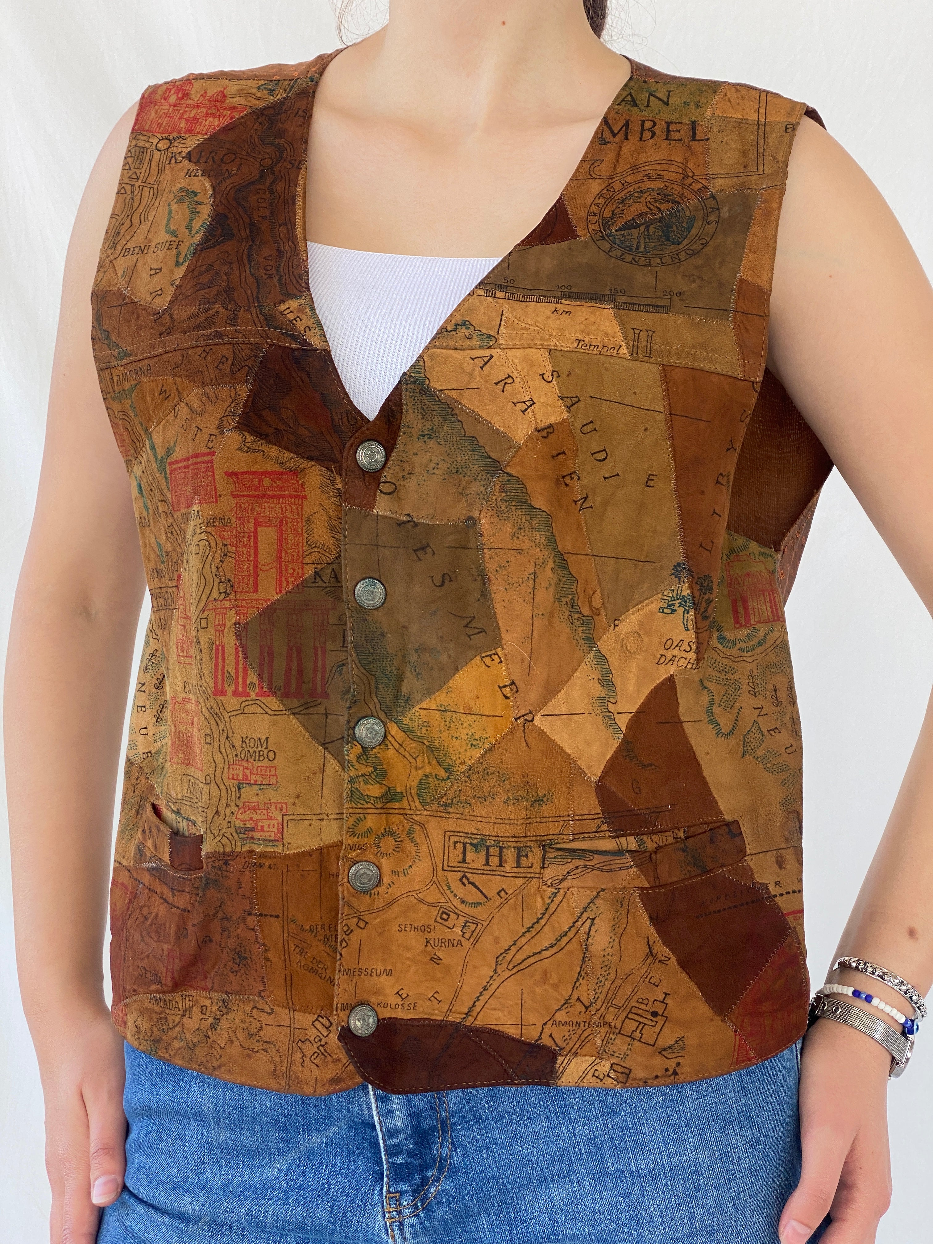 Vintage Rebel Craft Patchwork Suede Middle East Map Vest - L
