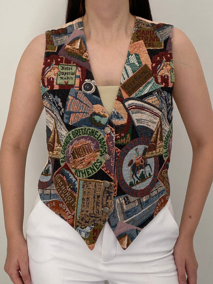 Vintage 90s CLIO Multicolor Cotton Rayon Travel Tapestry Vest – M