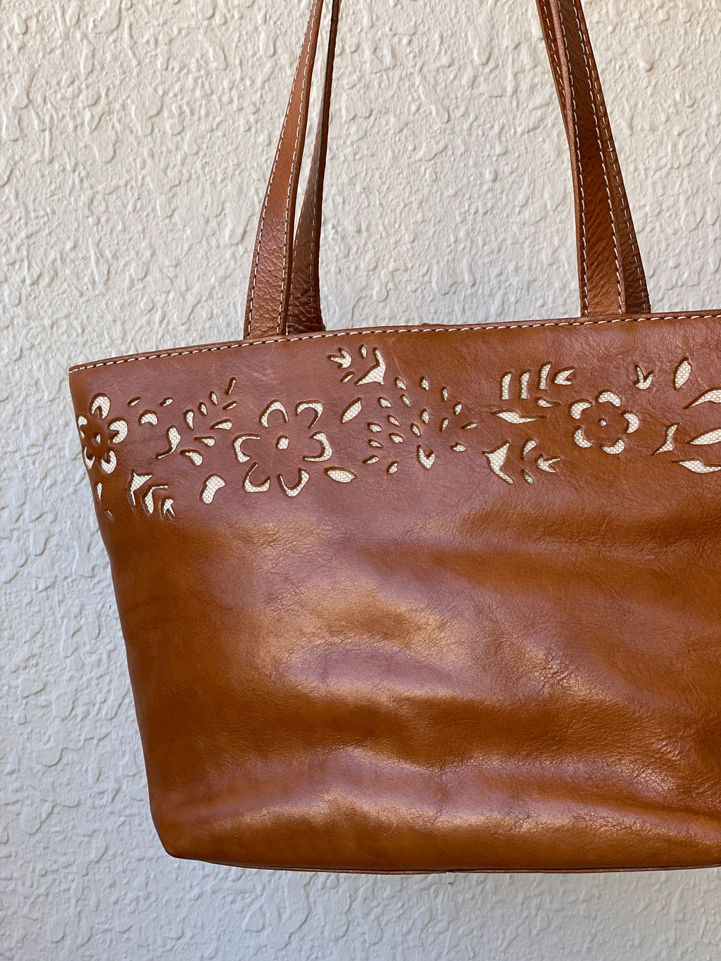 Genuine Leather Floral Perforated Design Shoulder Tote Bag