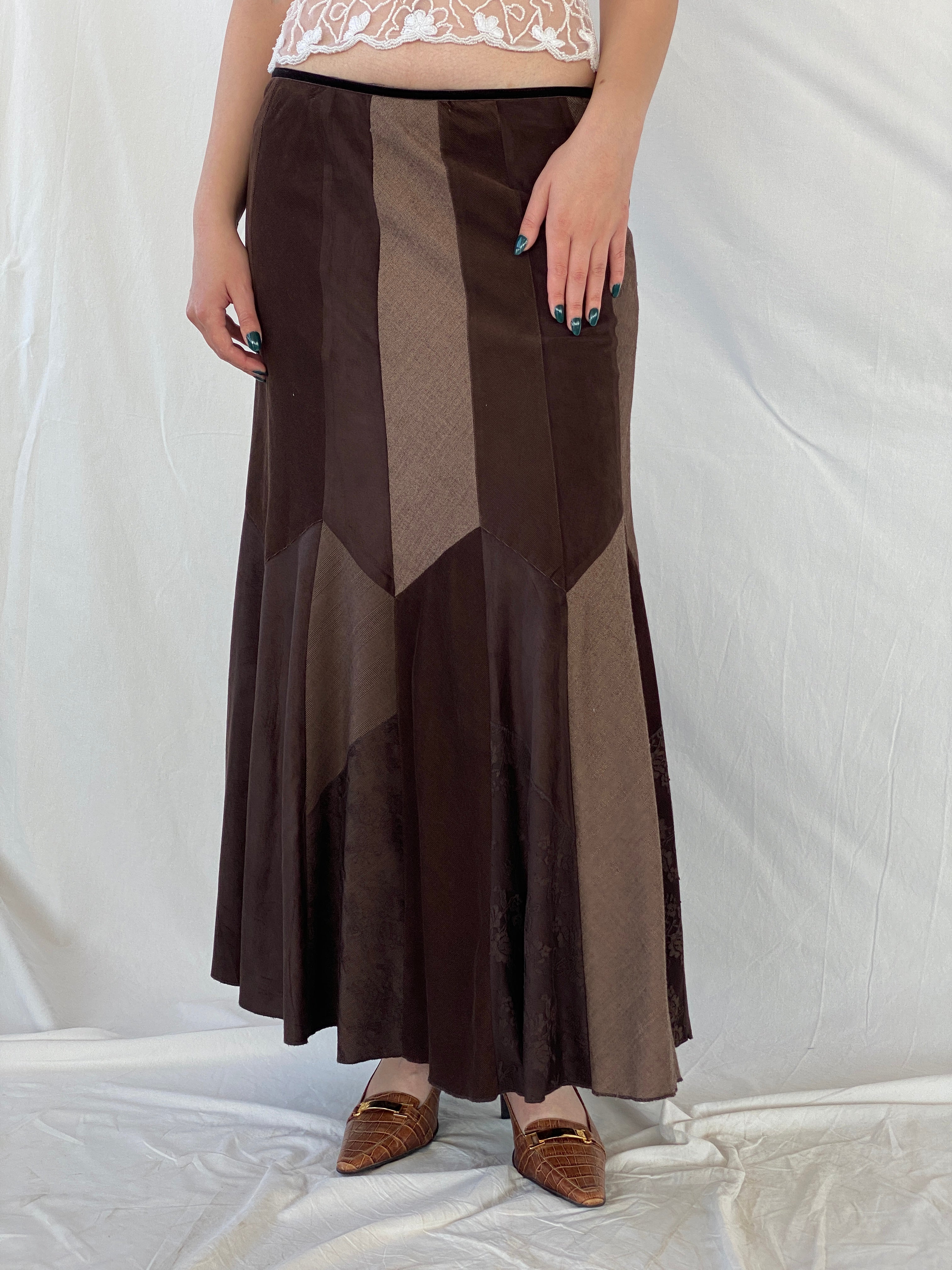 Y2K Per Una Patchwork Brown Cord Velvet Maxi Skirt - L