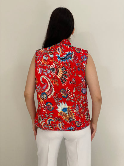 Vintage Reversible Red Floral Quilted Boho Vest – M
