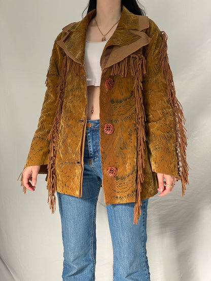 Vintage Dance Girl Fashion Western Fringe Faux Suede Jacket Boho Cowboy Statement Coat - XL