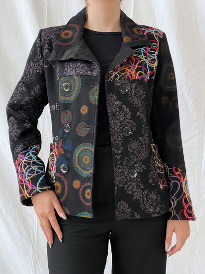 Vintage Boho Embroidered Wool Blend Black Women’s Jacket - M