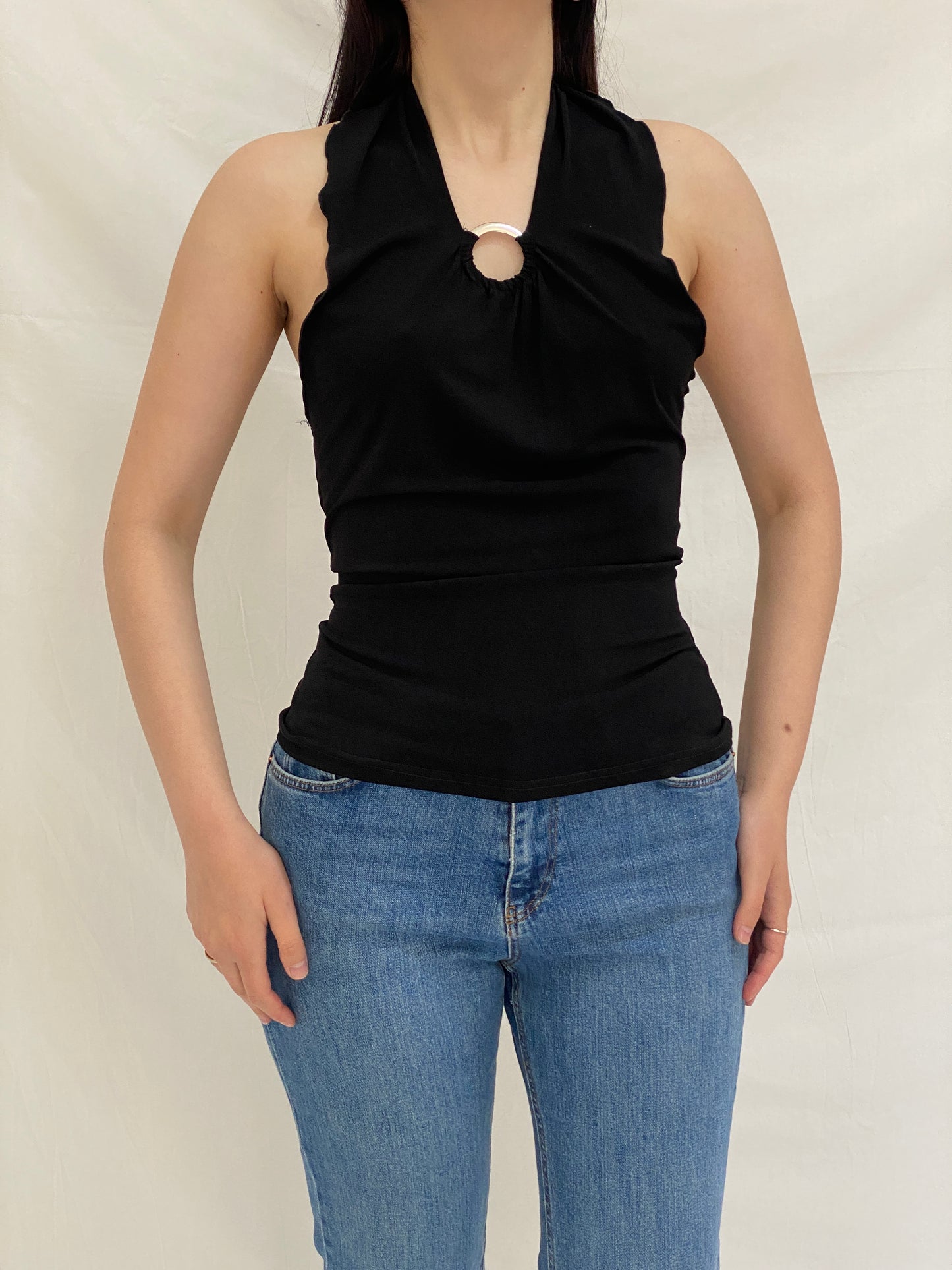 Vintage Y2K Black Halter Top Xanaka Ring Detail Draped Neckline - M