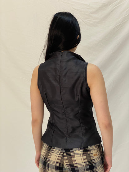 Vintage Handmade Black Satin Structured Sleeveless Tailored Top - S