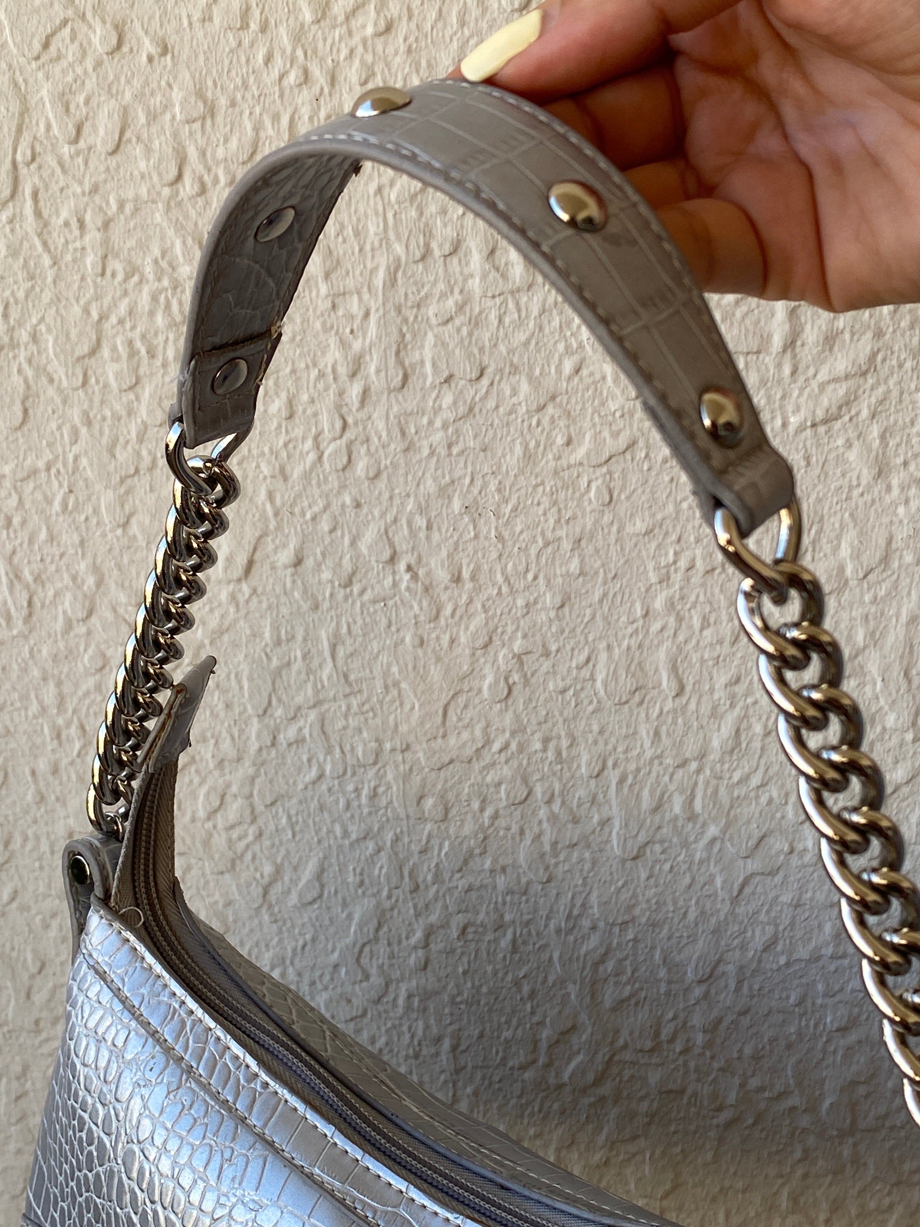 Nine West Silver Croc Embossed Shoulder Bag – Y2K Chain Strap Purse
