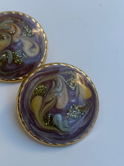 Vintage Abstract Marbled Enamel Gold Stud Lavender Swirl Earrings