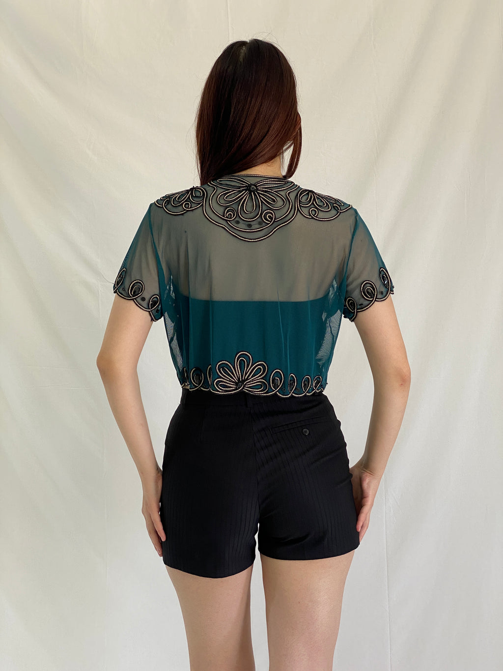 Vintage Teal Sheer Beaded Cropped Cardigan Top - M