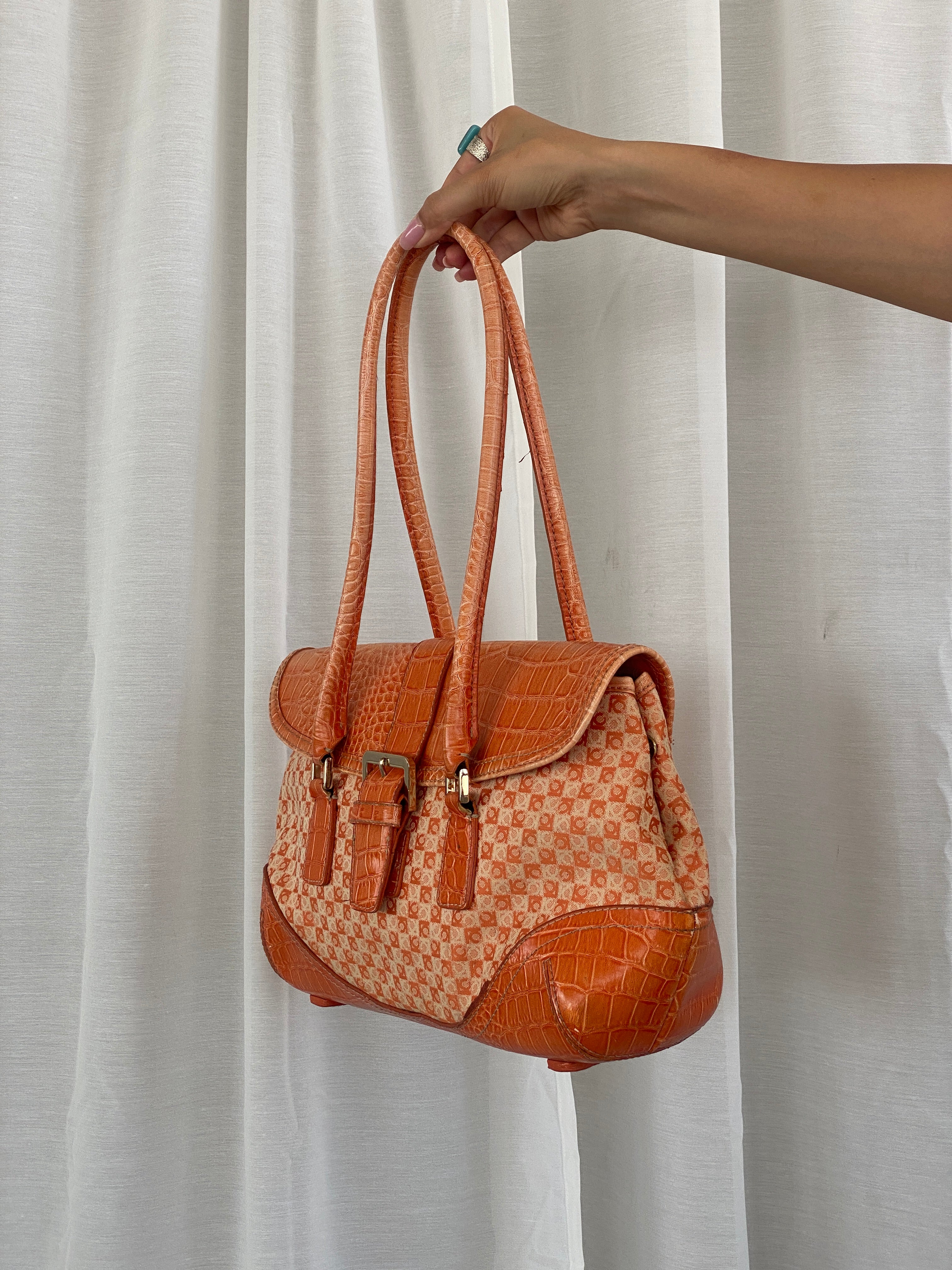 Liz Claiborne NYC Signature Fabric Orange Monogram with Faux Croc Leather Print Shoulder Bag