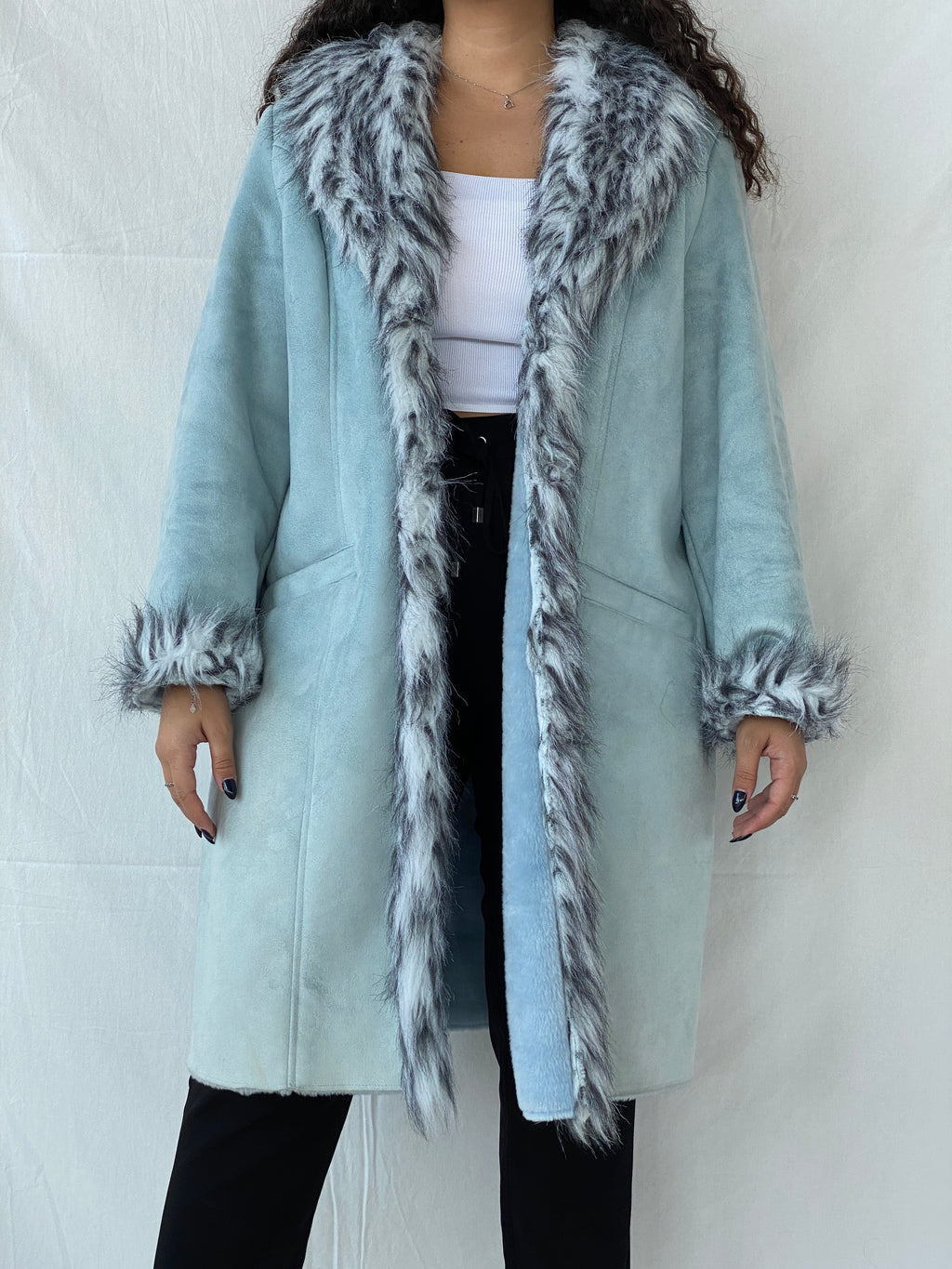 Y2K Blue Faux Fur Afghan Style Penny Lane Coat - 2XL
