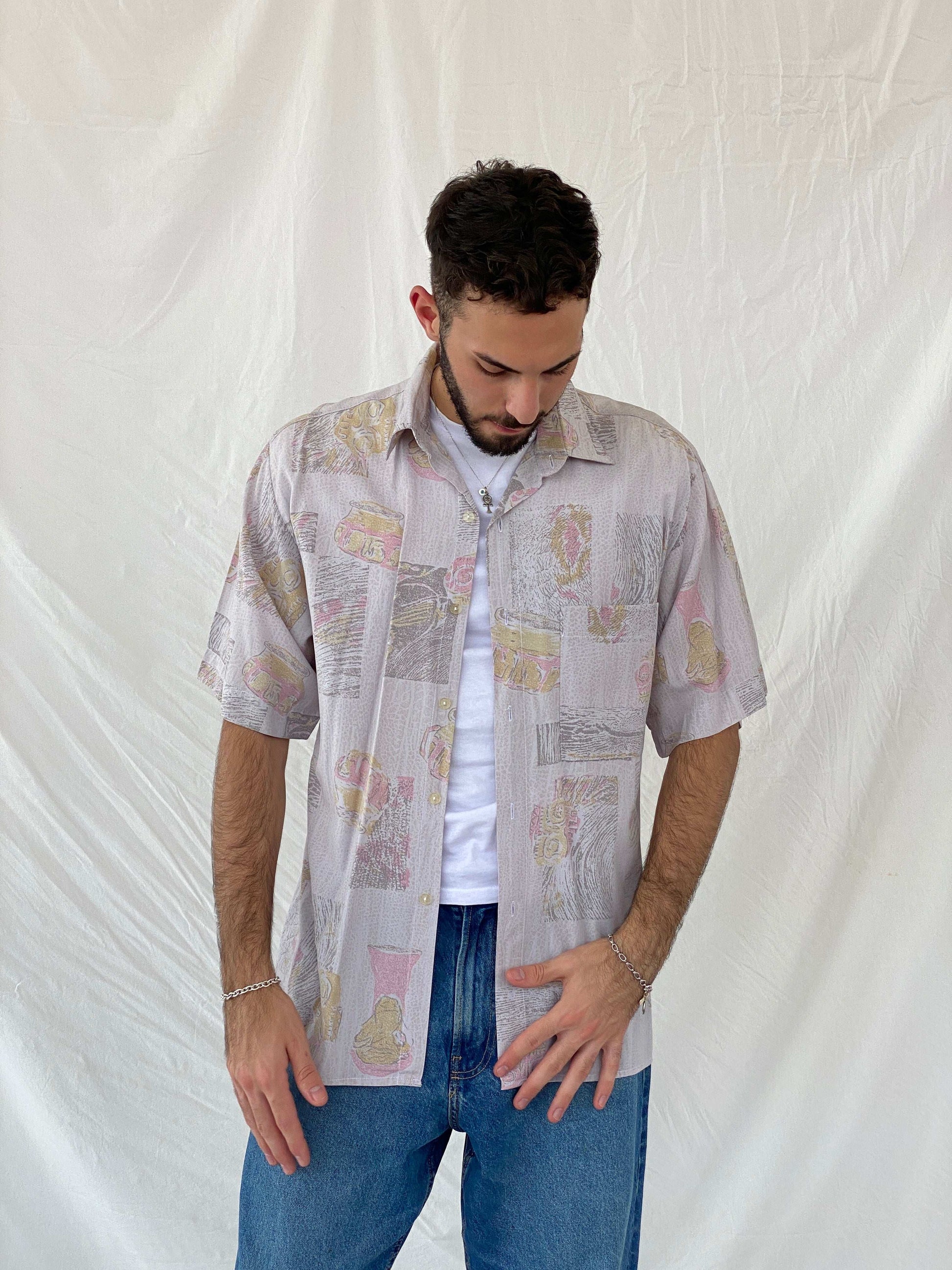 Vintage 80s/90s Euro Fashion Pastel Pink Half Sleeve Shirt Size L/XL - Balagan Vintage Half Sleeve Shirt 80s, Awsam, half sleeve shirt, mens shirt, NEW IN, printed shirt