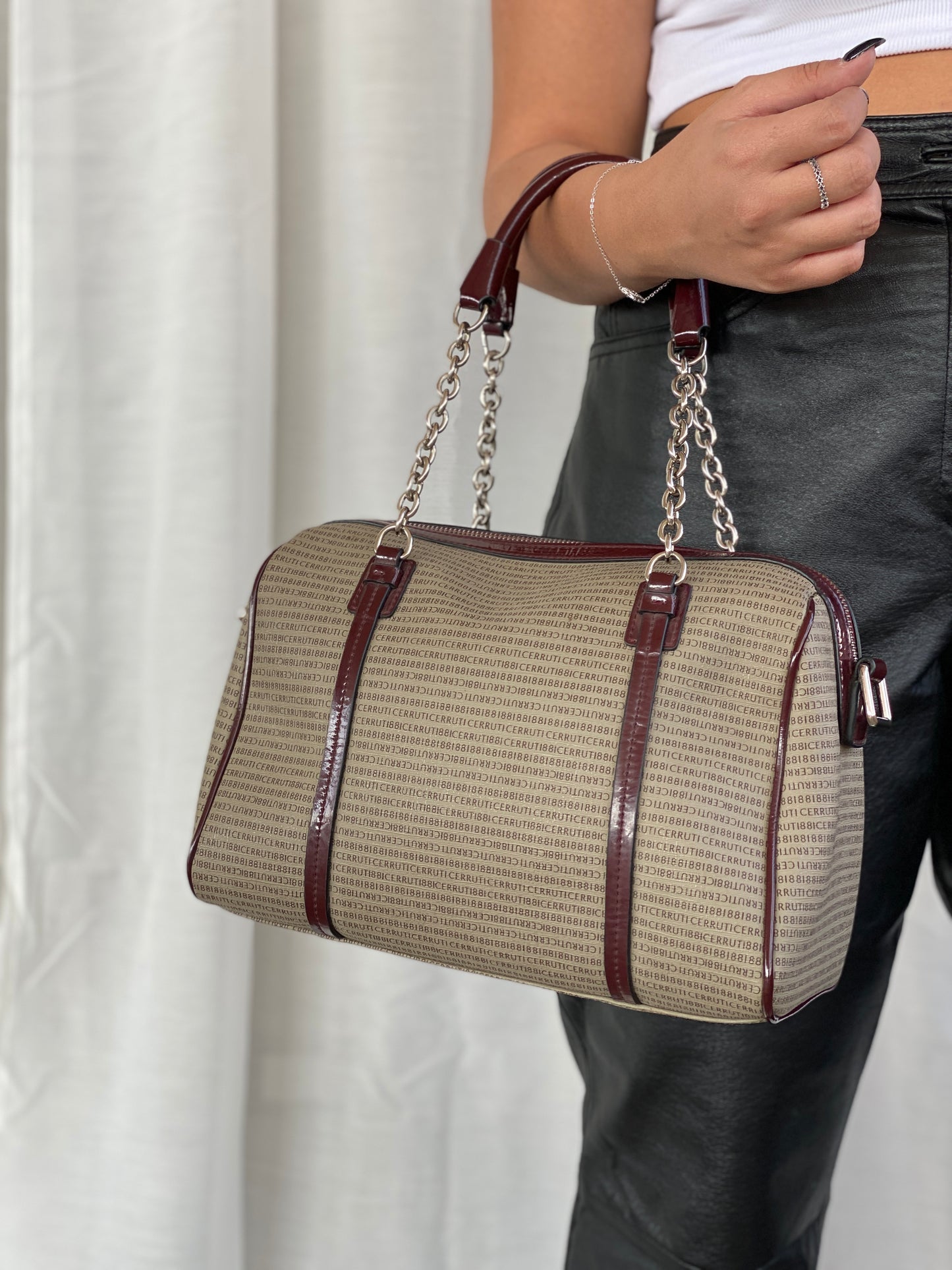 Cerruti 1881 Signature Canvas Coated Canvas and Patent Burgundy Leather Boston Bag