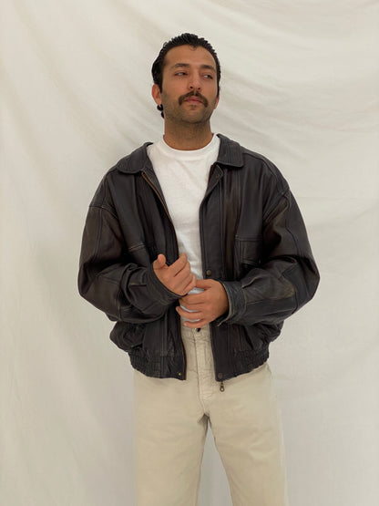 Vintage Oversized Genuine Leather Bomber Jacket in Dark Plum Brown – L